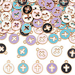 80Pcs Light Gold Plated Alloy Enamel Pendants, Flat Round with Cross, Mixed Color, 15x12x1.5mm, Hole: 1.6mm, 80pcs/set(ENAM-ME0001-09)