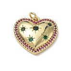 Brass Micro Pave Colorful Cubic Zirconia Pendants, Heart Charms, Long-Lasting Plated, Rack Plating, Lead Free & Cadmium Free, Real 18K Gold Plated, 19x20x4.5mm, Hole: 3mm(KK-CBA56EF-26G)