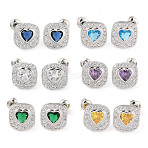 Rack Plating Brass Micro Pave Cubic Zirconia Stud Earrings, Long-lasting Plated, Square with Heart, Mixed Color, 13x13mm(EJEW-I304-08P)