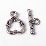 Tibetan Style Toggle Clasps, Cadmium Free & Nickel Free & Lead Free, Heart, Antique Silver, Heart: about 14mm wide, 18.5mm long, Bar: about 21mm long, hole: 3mm(X-LF1086Y-NF)