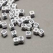 Large Hole Acrylic Letter European Beads, Horizontal Hole, White & Black, Cube with Letter.G, 6x6x6mm, Hole: 4mm, about 2950pcs/500g(SACR-Q103-6mm-01G)