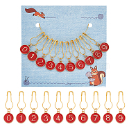 10Pcs 10 Styles Number 0~9 Alloy Enamel Pendant Stitch Markers, Crochet Leverback Hoop Charms, Locking Stitch Marker, Red, 3.6cm, 1pc/style(HJEW-AB00583)