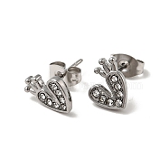 Heart with Crown 304 Stainless Steel Rhinestone Stud Earrings, 316 Surgical Stainless Steel Pin Ear Studs, with Ear Nuts, Stainless Steel Color, Crystal, 9x7.5mm, Pin: 0.7mm(EJEW-A081-16P-01)