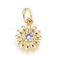 Brass Micro Pave Cubic Zirconia Charms, with Jump Rings, Flower, Clear, Golden, 10x7.5x2.8mm, Jump Rings: 2.5mm(KK-D159-07G)