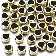 Alloy Enamel Beads, Cadmium Free & Lead Free, Flat Round with Heart, Light Gold, Black, 8x4mm, Hole: 1.5mm(X-ENAM-S122-030-RS)