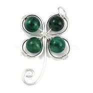 Copper Wire Wrapped Natural Emerald Shamrock Pendants, Clover Charms, Silver Color Plated, 28.5x20x6.5mm, Hole: 3.5mm(PALLOY-JF02945-03)