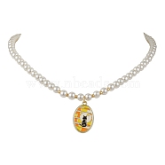 White Glass Pearl Beaded Necklaces, Alloy Enamel Pendant Necklaces  for Women, Flower, Golden, Cat Shape, 15.63 inch(39.7cm)(NJEW-JN04652-04)