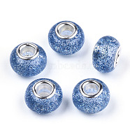 Epoxy Resin European Beads, Large Hole Beads, with Glitter Powder and Platinum Tone Brass Double Cores, Rondelle, Dodger Blue, 14x9mm, Hole: 5mm(RPDL-N015-02C)
