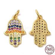 925 Sterling Silver Micro Pave Cubic Zirconia Pendants, Hamsa Hand/Hand of Miriam Charm, with Jump Ring & 925 Stamp, Real 18K Gold Plated, 15.5x10x1mm, Hole: 3mm(STER-I010-33G)