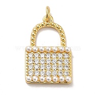 Brass Micro Pave Cubic Zirconia Pendants, with Plastic Imitation Pearl and Jump Ring, Long-Lasting Plated, Real 18K Gold Plated, Padlock, Clear, 23x15x3mm(KK-H433-50G)