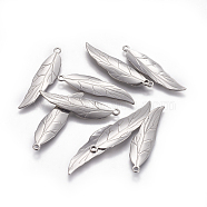 Tarnish Resistant 201 Stainless Steel Pendants, Leaf, Stainless Steel Color, 38x9.5x0.7mm, Hole: 1.8mm(STAS-L234-114P)