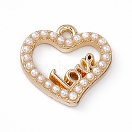 ABS Plastic Imitation Pearl Pendants, with Light Gold Alloy Finding, Heart with Word Love, White, 14.5x14.5x2.5mm, Hole: 1.6mm(PALLOY-P287-03LG)