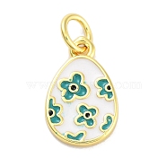 Rack Plating Brass Enamel Charms, with Jump Ring, Long-Lasting Plated, Cadmium Free & Lead Free, Teardrop with Flower Charm, Real 18K Gold Plated, Dark Cyan, 14x9x1.5mm, Hole: 3mm(KK-M293-37G-01)