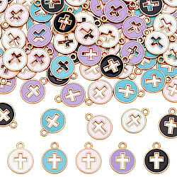 80Pcs Light Gold Plated Alloy Enamel Pendants, Flat Round with Cross, Mixed Color, 15x12x1.5mm, Hole: 1.6mm, 80pcs/set(ENAM-ME0001-09)