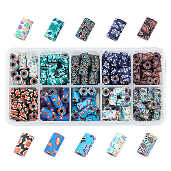 Handmade Polymer Clay Beads, Column with Flower Pattern, Mixed Color, 12x7mm, 10 colors, 20pcs/color, 200pcs/box(CLAY-PH0001-27)