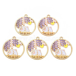 Alloy Enamel Pendants, Cadmium Free & Nickel Free & Lead Free, Light Gold, Ring with Cat, WhiteSmoke, 30.5x28x2mm, Hole: 1.8mm(ENAM-S126-098-NR)