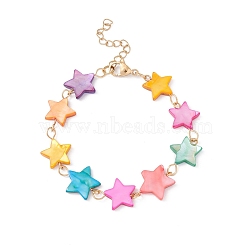 Natural Shell Star Link Chain Bracelet, 304 Stainless Steel Jewelry for Women, Golden, Colorful, 6-3/4 inch(17.1cm)(BJEW-C015-11G)