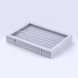 Wood Ring Displays, with Ice Plush inside and Cover with Glass, Rectangle, Gray, 35.3x24.3x4.8cm(RDIS-G005-07A)