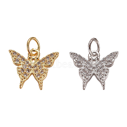 Brass Micro Pave Clear Cubic Zirconia Charms, with Jump Rings, Butterfly, Mixed Color, 11x12.5x2.5mm, Hole: 3mm, 4pcs/box(ZIRC-CA0001-02)