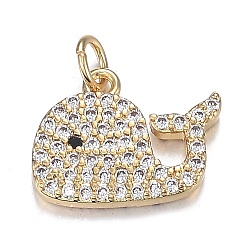 Brass Micro Clear & Black Cubic Zirconia Charms, Long-Lasting Plated, Whale Shape, Real 18K Gold Plated, 10x13x2mm, Hole: 2.8mm(ZIRC-F120-058G)