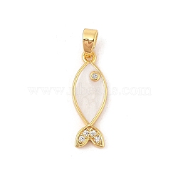 Brass Micro Pave Cubic Zirconia Pendants, with Enamel, Fish Charms, WhiteSmoke, 20x7x2mm, Hole: 4.5x3mm(KK-R100-09G-03)