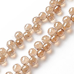 Transparent Glass Beads Strands, Top Drilled, Faceted(96 Facets), Round, BurlyWood, 9mm, Hole: 1.5mm, about 71~72pcs/strand, 17.13~17.32 inch(43.5~44cm)(GLAA-G096-01G)