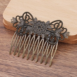 Brass Hair Comb Findings, Iron Comb, Flower, Antique Bronze, 76x55mm, 5pcs/set(PW-WGEBCA5-02)