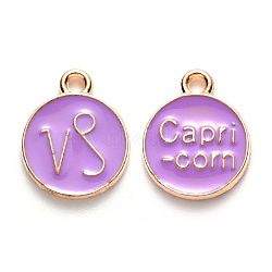 Alloy Enamel Pendants, Cadmium Free & Lead Free, Flat Round with Constellation, Light Gold, Medium Purple, Capricorn, 15x12x2mm, Hole: 1.5mm(ENAM-S124-01B-01E)