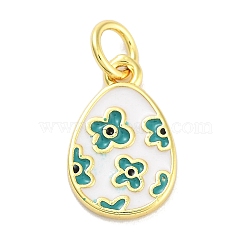 Rack Plating Brass Enamel Charms, with Jump Ring, Long-Lasting Plated, Cadmium Free & Lead Free, Teardrop with Flower Charm, Real 18K Gold Plated, Dark Cyan, 14x9x1.5mm, Hole: 3mm(KK-M293-37G-01)