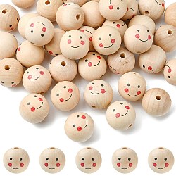 Printed Wood Beads, Large Hole Beads, Round with Smiling Face Pattern, Undyed, Crimson, 33.5x33mm, Hole: 7mm(WOOD-C001-01A)