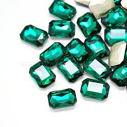 Glass Pointed Back Rhinestone Cabochons, Back Plated, Faceted Rectangle Octagon, Emerald, 14x10x4mm; about 288pcs/bag(RGLA-A017-10x14mm-205)