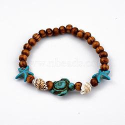 Round Wood Stretch Bracelets, with Dyed Synthetic Turquoise(Dyed) and Spiral Shell Beads, Tortoise and Starfish/Sea Stars, 2-1/8 inch(5.3cm)(BJEW-JB03769)
