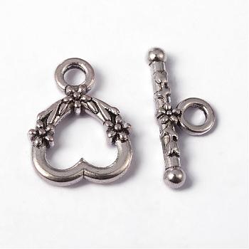 Tibetan Style Toggle Clasps, Cadmium Free & Nickel Free & Lead Free, Heart, Antique Silver, Heart: about 14mm wide, 18.5mm long, Bar: about 21mm long, hole: 3mm
