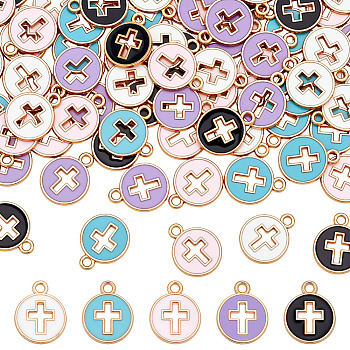 80Pcs Light Gold Plated Alloy Enamel Pendants, Flat Round with Cross, Mixed Color, 15x12x1.5mm, Hole: 1.6mm, 80pcs/set