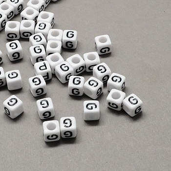 Large Hole Acrylic Letter European Beads, Horizontal Hole, White & Black, Cube with Letter.G, 6x6x6mm, Hole: 4mm, about 2950pcs/500g