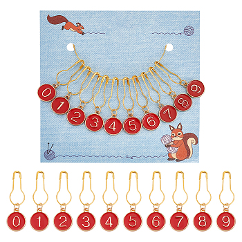 10Pcs 10 Styles Number 0~9 Alloy Enamel Pendant Stitch Markers, Crochet Leverback Hoop Charms, Locking Stitch Marker, Red, 3.6cm, 1pc/style