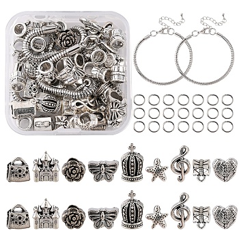 DIY European Bracelet Making, Including Alloy European Beads & Tube Bails, Brass Bracelets, Antique Silver, 98pcs/box