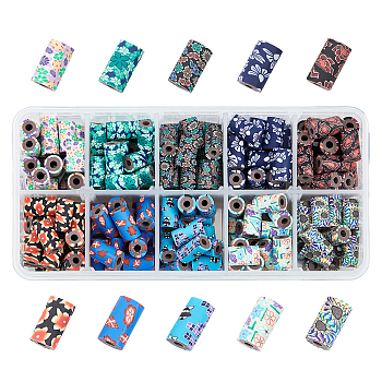 Handmade Polymer Clay Beads, Column with Flower Pattern, Mixed Color, 12x7mm, 10 colors, 20pcs/color, 200pcs/box