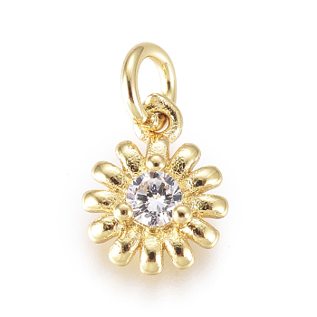 Brass Micro Pave Cubic Zirconia Charms, with Jump Rings, Flower, Clear, Golden, 10x7.5x2.8mm, Jump Rings: 2.5mm