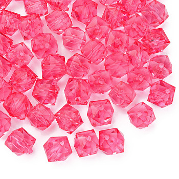 Transparent Acrylic Beads, Faceted, Cube, Hot Pink, 10x11x11mm, Hole: 2mm, about 670pcs/500g