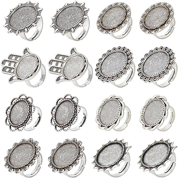 16Pcs 8 Style Adjustable Alloy Finger Rings Components, Bezel Cup Ring Settings, Flower & Hamsa Hand & Sun, Antique Silver, Inner Diameter: 17mm, Tray: 18mm, 2Pcs/style