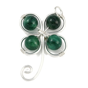 Copper Wire Wrapped Natural Emerald Shamrock Pendants, Clover Charms, Silver Color Plated, 28.5x20x6.5mm, Hole: 3.5mm