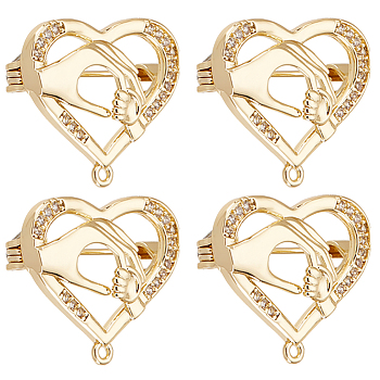 Beebeecraft 6Pcs Clear Cubic Zirconia Heart with Hand Brooch Pin, Brass Badges with Loops for Mother's Day, Real 18K Gold Plated, 23x19.5x3.5~7.5mm, Hole: 1.2mm