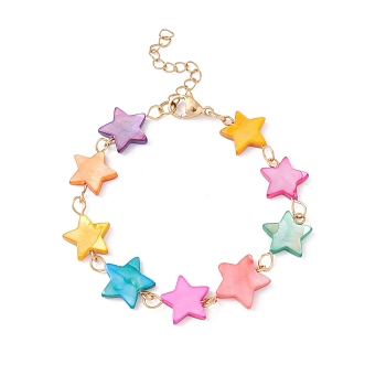 Natural Shell Star Link Chain Bracelet, 304 Stainless Steel Jewelry for Women, Golden, Colorful, 6-3/4 inch(17.1cm)