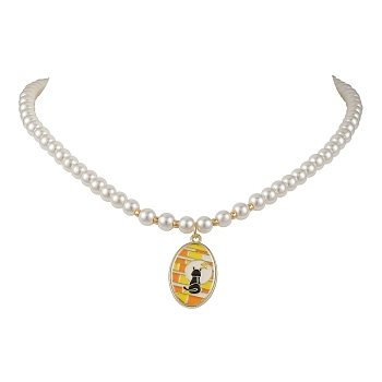 White Glass Pearl Beaded Necklaces, Alloy Enamel Pendants Necklaces  for Women, Flower, Golden, Cat Shape, 15.63 inch(39.7cm)