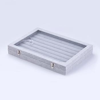 Wood Ring Displays, with Ice Plush inside and Cover with Glass, Rectangle, Gray, 35.3x24.3x4.8cm