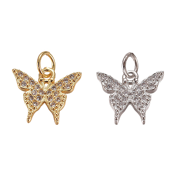 Brass Micro Pave Clear Cubic Zirconia Charms, with Jump Rings, Butterfly, Mixed Color, 11x12.5x2.5mm, Hole: 3mm, 4pcs/box