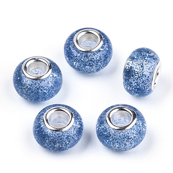Epoxy Resin European Beads, Large Hole Beads, with Glitter Powder and Platinum Tone Brass Double Cores, Rondelle, Dodger Blue, 14x9mm, Hole: 5mm