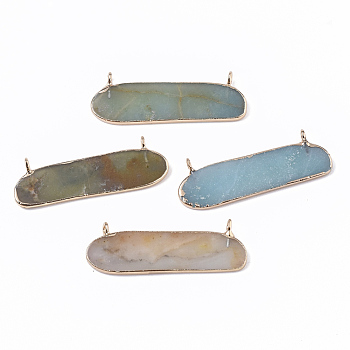 Edge Golden Plated Natural Flower Amazonite Pendants, with Iron Loops, Oval, 13.5~14.5x40x2.5~3.5mm, Hole: 1.5mm