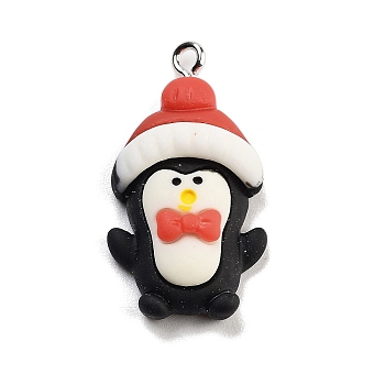 Christmas Theme Opaque Resin Pendants, with Platinum Tone Iron Loops, Penguin, 30.5x17x7.5mm, Hole: 2mm